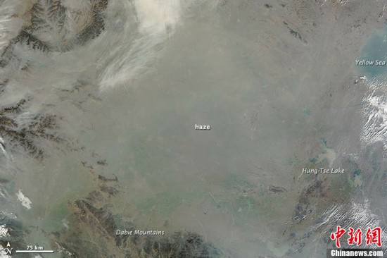 NASA发布中国华北地区雾霾天气卫星照