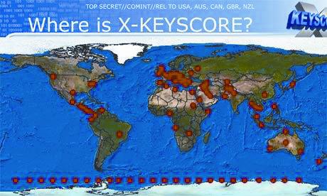 《衛(wèi)報》公布的演示文檔，圖中紅點代表XKeyscore項目服務(wù)器分布。