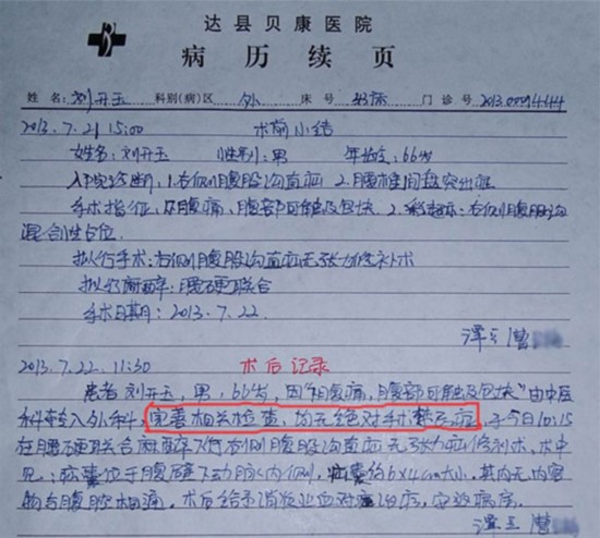 达州6旬老汉腹外疝手术后死亡 病历惊现"49岁绝经"【3