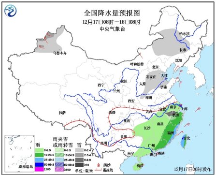 江南华南强降水减弱安徽浙江等将迎降雪天气