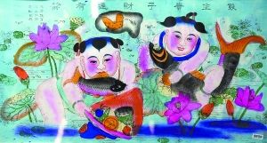 《双生贵子 财连有余》 天津杨柳青年画,清代版,两个娃娃、财宝、莲花和鲤鱼构成年画主题。