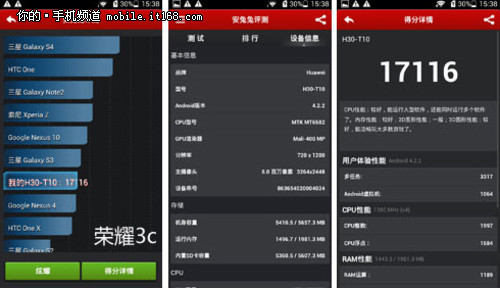 华为荣耀3C\/酷派大神围剿红米 千元智能机跑分