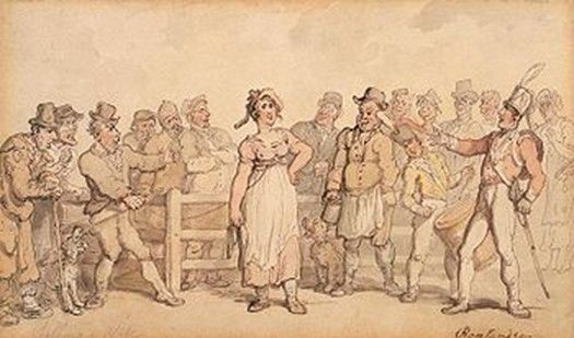 (托马斯·罗兰森作,《卖妻》(1812-1814),这幅油画给人们一种印象:妻子很乐意被售卖。画面温暖,笑声连连。新娘拍卖绘画作品中,我们有惋惜、慨叹和不舍;奴隶拍卖作品中,我们能看出心酸、无奈和血腥。但是从 