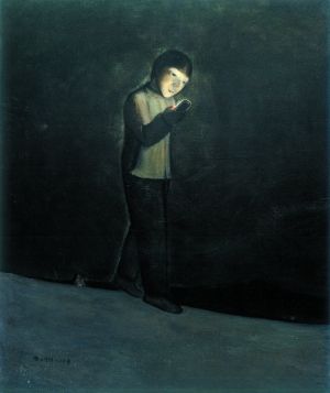 段正渠《手机》 这次展览中他的另两幅作品《东方红》和《黄河》或许更能代表他善于用粗犷笔触表现苦难与生活厚重感的特点,但更打动我的还是这幅《手机》。黑暗的空间里,人物的身份背景都被模糊了,唯一的光亮是手机屏幕投射在人物脸上的微光。