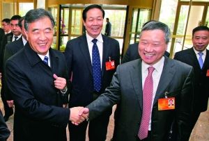 昨日下午,国务院副总理汪洋参加他所在的十二届全国人大二次会议安徽代表团会议时,与前来参会的中国证监会主席肖钢(前右)握手,并风趣地说:“欢迎来我的老家做客。” 宋春雨/图文