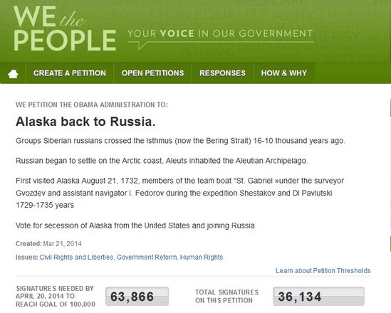 美国3万人白宫网上请愿要求阿拉斯加入俄
