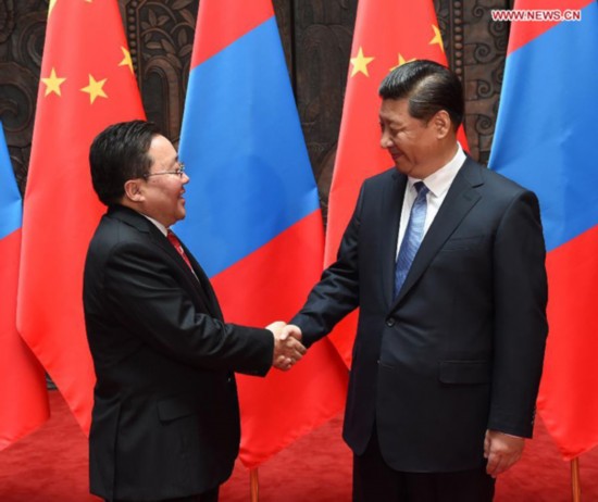 Chinese President Xi Jinping (R) meets with his Mongolian counterpart Tsakhiagiin Elbegdorj in Shanghai, east China, May 19, 2014. (Xinhua/Ma Zhancheng)