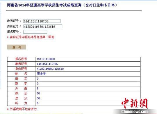 盲人考生李金生查到高考成绩58分 感谢教育部