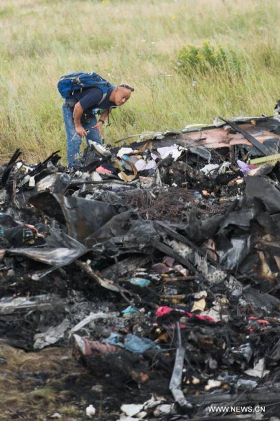 An expert from Malaysian investgation team inspects the crash site of flight MH17 of Malaysia Airlines in Ukraine's Donetsk region, on July 22, 2014. 