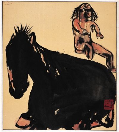 1984年《西藏组画》 我大学毕业去了趟西藏,那时画坛流行表现西藏,但没有一个人用很表现、很自我、很主观的方式表现西藏。我特别想画人和动物的关系。那时有足够的激情,就把这个东西画在水墨上了。