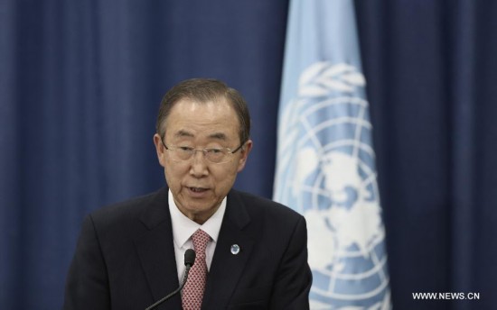 United Nations Secretary General Ban Ki-Moon speaks during a joint news conference in the west bank city of Ramallah on July 22, 2014. 