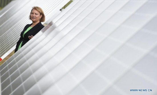 Apple Vice President of Environmental Initiatives and former administrator of the U.S. Environmental Protection Agency Lisa P. Jackson introduces the solar panels at Apple Data Center in Maiden, North Carolina, the United States, on July 22, 2014. 