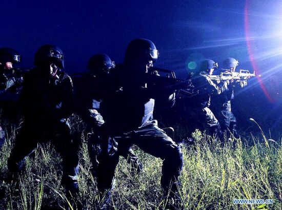 Armed policemen of the third detachment of Shanghai Armed Police Corps take part in a combat exercises in Shanghai, east China, July 30, 2014.