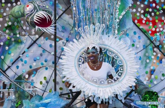 A dressed up competitor perfroms with her float during the King and Queen Competition and Show of the 47th Toronto Caribbean Carnival in Toronto, Canada, July 31, 2014.