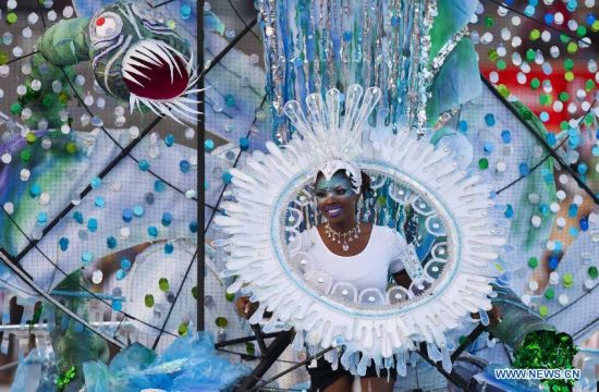 A dressed up competitor perfroms with her float during the King and Queen Competition and Show of the 47th Toronto Caribbean Carnival in Toronto, Canada, July 31, 2014.