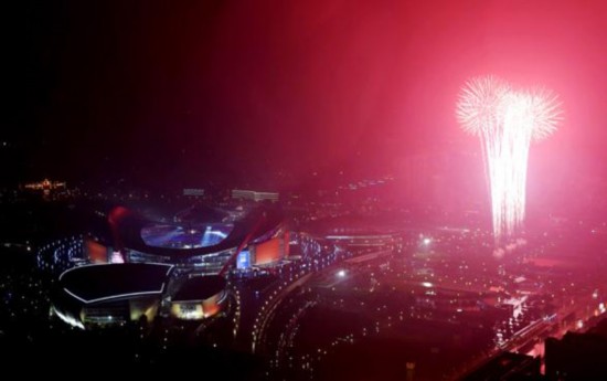 Fireworks explode at the Opening Ceremony of the Nanjing 2014 Youth Olympic Games in Nanjing, capital of east China's Jiangsu Province. (Xinhua/Huang Xiaobang)