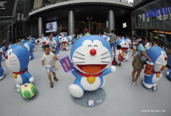 The exhibition kicked off here on Saturday. A hundred and two life-size Doraemon figures, each of which bearing a distinct secret gadget, were displayed during the show. Doraemon, a fictional 22nd-century robotic cat, has been a popular anime character since its introduction by Japanese cartoonist Fujiko Fujio in 1969.