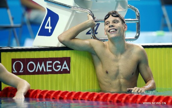 Benjamin Gratz of Hungary reacts after the men's 200m individual medley swimming event of Nanjing 2014 Youth Olympic Games