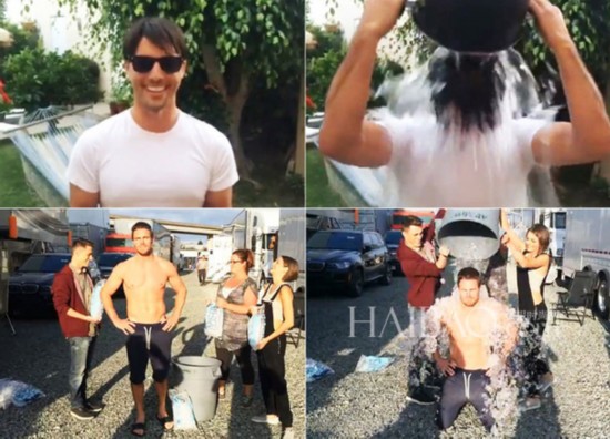 汤姆·克鲁斯 (Tom Cruise) 和斯蒂芬·阿梅尔 (Stephen Amell) 参与“ALS冰桶挑战赛” (ALS Ice Bucket Challenge) 照片