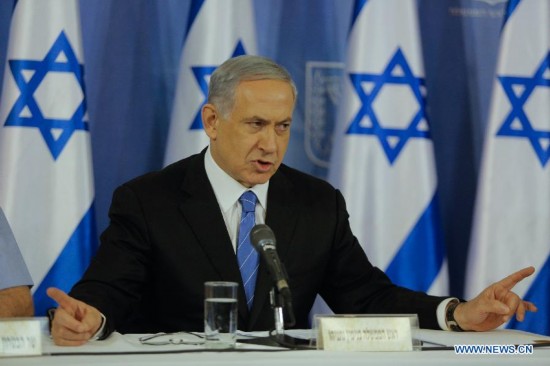 Israeli Prime Minister Benjamin Netanyahu delivers a statement in Tel Aviv, Israel, on Aug. 20, 2014. Israel will step up the offensive in the Gaza Strip until rocket firing from there into Israel stops, Prime Minister Benjamin Netanyahu said Wednesday, in response to renewed Gaza rocket attacks against central and southern Israel earlier in the day. (Xinhua/JINI/Roni Schutzer) 