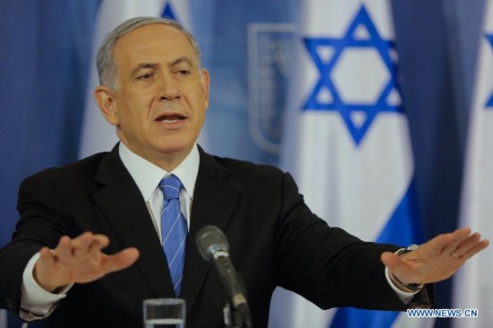 Israeli Prime Minister Benjamin Netanyahu delivers a statement in Tel Aviv, Israel, on Aug. 20, 2014. Israel will step up the offensive in the Gaza Strip until rocket firing from there into Israel stops, Prime Minister Benjamin Netanyahu said Wednesday, in response to renewed Gaza rocket attacks against central and southern Israel earlier in the day. (Xinhua/JINI/Roni Schutzer) 