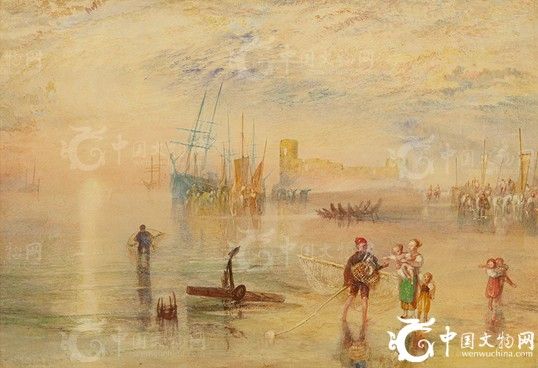 圖為由英國最著名藝術家之一約瑟夫·馬洛德·威廉·透納(JosephMallordWilliamTurner)於1835年利用平滑擦除和涂抹筆跡等手法繪制的水彩名畫《佛林特城堡》(FlintCastle),尺寸為10.875x15.8英寸(約為27.6x40.2厘米)。