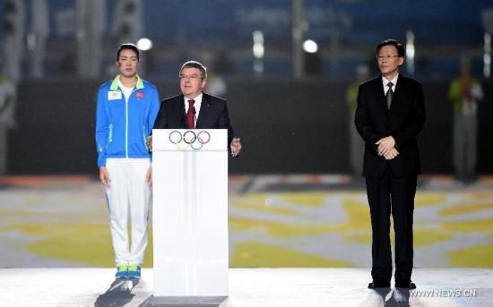 The President of the International Olympic Committee Thomas Bach(C) speaks during the closing ceremony of Nanjing 2014 Youth Olympic Games in Nanjing, capital of east China’s Jiangsu Province, Aug. 28, 2014. 