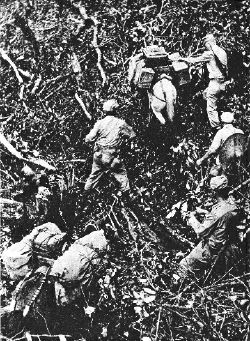 美軍聯絡組官兵正趕著馱馬向高黎貢山山頂艱難地攀援前進，背斗笠者為中國士兵。戰時，美軍成立了野戰司令部配合我軍行動，遠征軍集團軍、軍、師、團均配有6∼20名美軍官兵協助我軍開設野戰醫院。