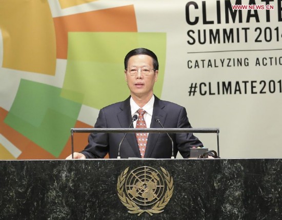 Zhang Gaoli, Chinese vice premier and President Xi Jinping's special envoy, addresses the United Nations Climate Summit 2014 at the UN headquarters in New York Sept. 23, 2014.