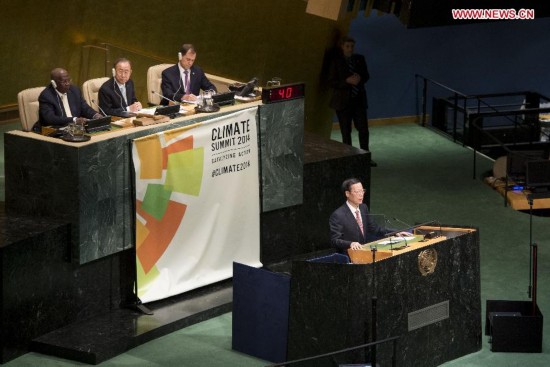 Zhang Gaoli, Chinese vice premier and President Xi Jinping's special envoy, addresses the United Nations Climate Summit 2014 at the UN headquarters in New York Sept. 23, 2014.