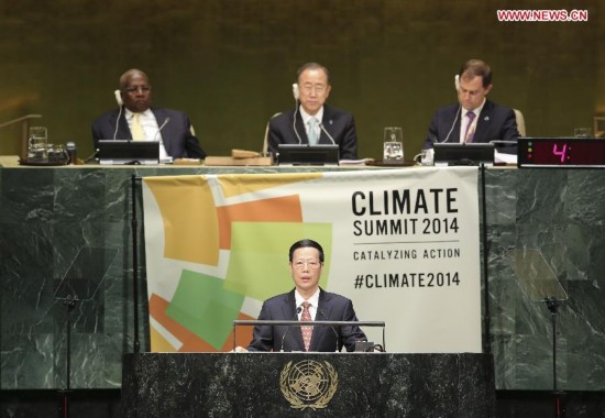 Zhang Gaoli, Chinese vice premier and President Xi Jinping's special envoy, addresses the United Nations Climate Summit 2014 at the UN headquarters in New York Sept. 23, 2014.