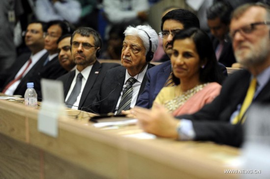 Prominent Business leaders listen to the speech of Indian Prime Minister Narendra Modi (unseen) during the launch of his 'Make in India' initiative prior to his scheduled departure to the United States in New Delhi, India, Sept. 25, 2014.