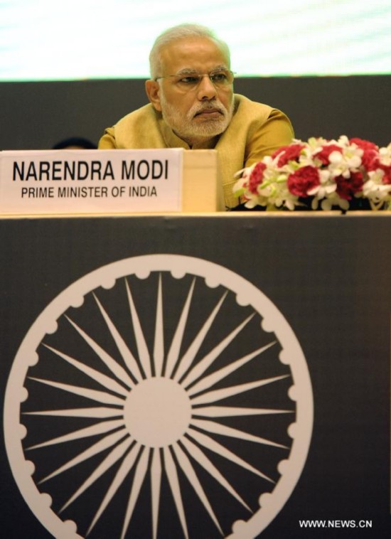 Indian Prime Minister Narendra Modi attends the launch of his 'Make in India' initiative prior to his scheduled departure to the United States in New Delhi, India, Sept. 25, 2014. 