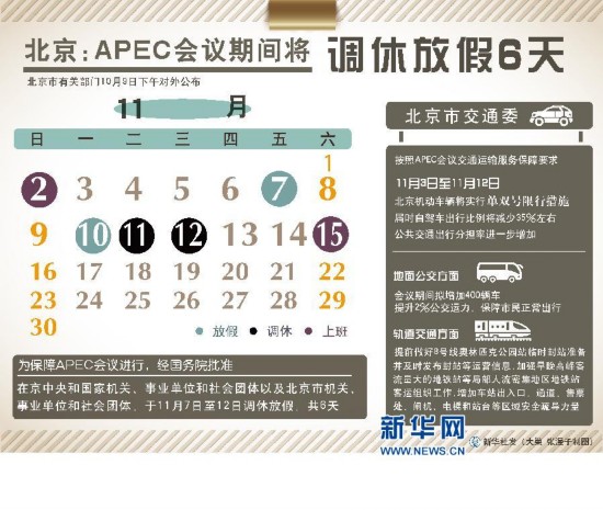 北京:APEC会议期间将调休放假6天