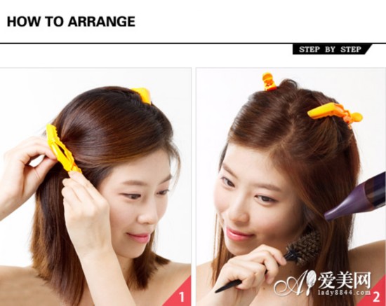 step4:再将卷发棒夹住头发向外烫卷.