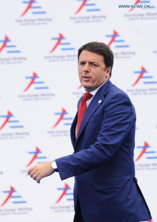 Italian Premier Matteo Renzi arrives for the Asia-Europe Meeting (ASEM) in Milan, Italy on October 16,2014. The tenth Asia-Europe Meeting (ASEM) opened in Milan on Thursday under the theme of 'Responsible Partnership for Growth and Security.'L
