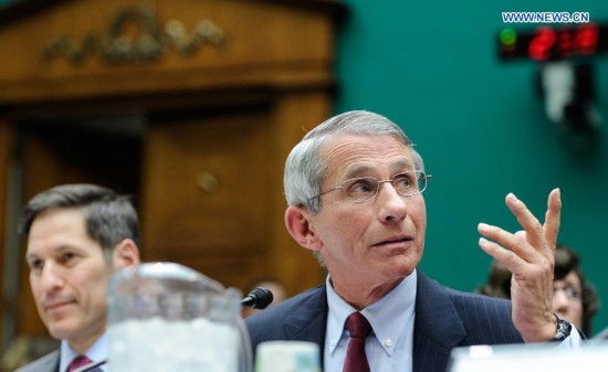 Anthony Fauci, director of the National Institute of Allergy and Infectious Diseases, part of the National Institutes of Health (NIH) testifies during a hearing on Examining the U.S. Public Health Response to the Ebola Outbreak before the Oversight and Investigations Subcommittee at Capitol Hill in Washington D.C., capital of the United States, Oct. 16, 2014. A hospital in Texas where an Ebola patient died and two nurses were infected apologized Thursday for mishandling the deadly disease, as the National Institutes of Health (NIH) prepared to treat the first nurse who contracted the virus while caring for the deceased.