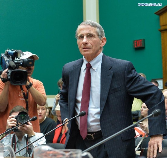 Anthony Fauci, director of the National Institute of Allergy and Infectious Diseases, part of the National Institutes of Health (NIH) attends a hearing on Examining the U.S. Public Health Response to the Ebola Outbreak before the Oversight and Investigations Subcommittee at Capitol Hill in Washington D.C., capital of the United States, Oct. 16, 2014. A hospital in Texas where an Ebola patient died and two nurses were infected apologized Thursday for mishandling the deadly disease, as the National Institutes of Health (NIH) prepared to treat the first nurse who contracted the virus while caring for the deceased.