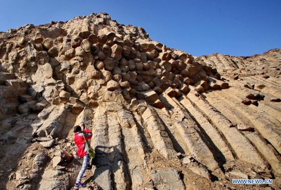 A visitor takes photos of the basalt columns in Zhangbei County, north China's Hebei province, Oct. 19, 2014. A large amount of basalt columns was discovered here recently, which is considered to be formed in miocene times. (Xinhua/Yang Shiyao)
