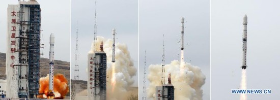 Combo photo shows a Long March-4C carrier rocket carrying the Yaogan-22 remote sensing satellite blasts off from the launch pad at the Taiyuan Satellite Launch Center in Taiyuan, capital of north China's Shanxi Province, Oct. 20, 2014. The satellite will be used for scientific experiments, natural resource surveying, estimating crop yields and disaster relief. (Xinhua/Wang Xiao) 