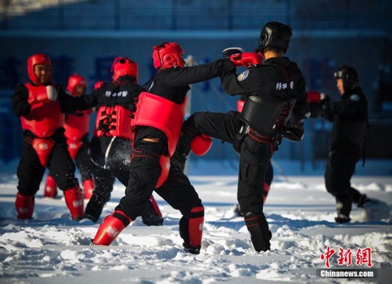 乌鲁木齐特警冰天雪地中练习自由搏击术\/图