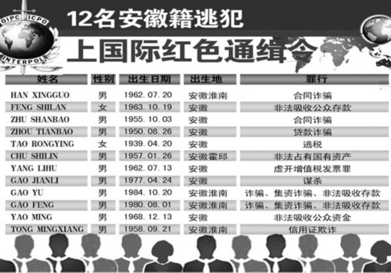 12名皖籍逃犯列入国际红色通缉令 多数人涉经