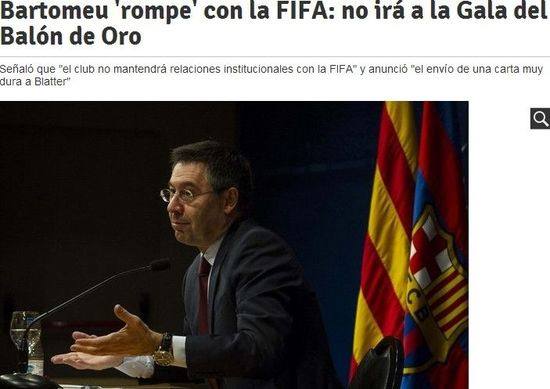 巴萨主席宣布与FIFA断交 高层拒赴金球典礼
