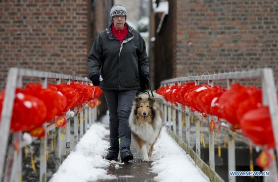 A local resident walks her dog on a bridge decorated with Chinese lanterns during the Art Biennale in Theux in eastern Belgium on Jan. 24, 2015. 