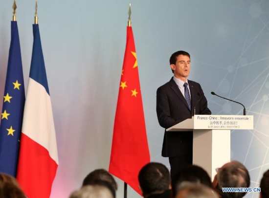 French Prime Minister Manuel Valls holds a speech in Shanghai, east China, Jan. 31, 2015. 