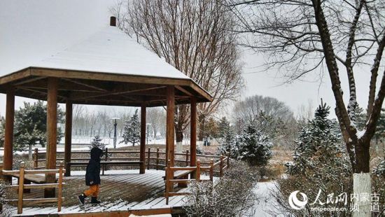 小朋友在白雪覆蓋的濕地公園涼亭中玩耍。