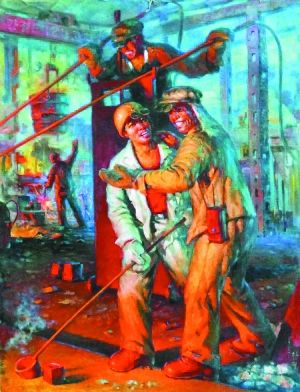 《出钢的喜悦》,宋赞英。近年来朝鲜多次组织艺术团来中国办画展,这张即是2013年在广州举办的第五届朝鲜民艺美术精品展的作品之一。