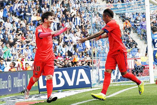 西甲-巴萨德比战2-0 梅西内少破门飞翼染红