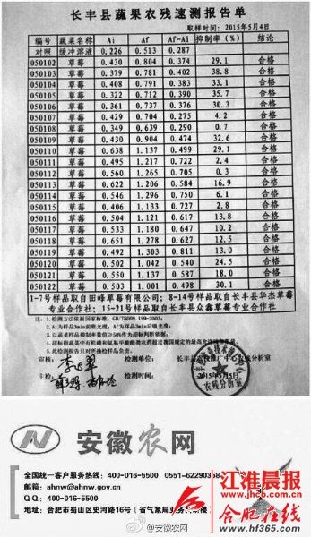 合肥草莓各项检测均合格 含农残致癌传言破除