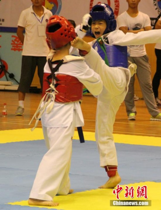 浙江萌娃齐聚竞技跆拳道 小小拳手打得有模有
